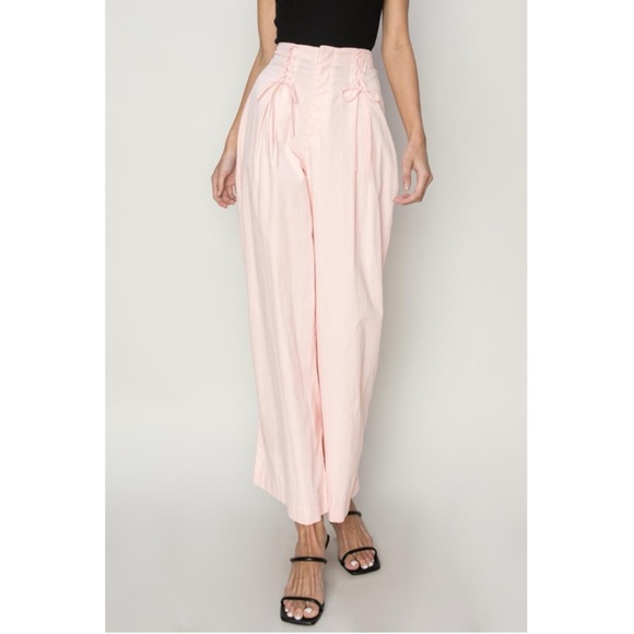 253 • Peach 100% Cotton Poplin Wide Leg Lace Up Summer Weight Pants - Picture 4 of 8